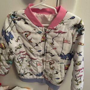 Colorful Cartoon Print Jacket with Pink Collar